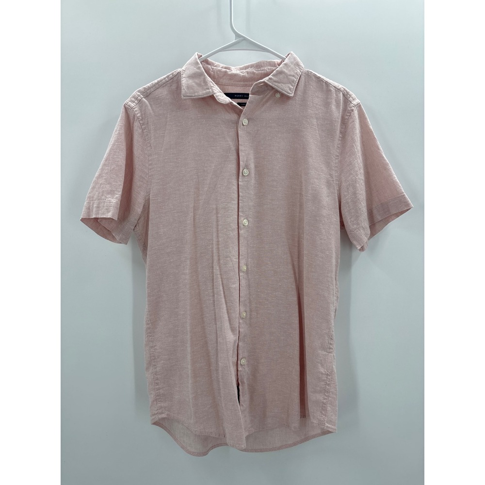 Perry Ellis Mens Pink Slim Fit Short Sleeve Linen Blend Button Down Shirt Size S